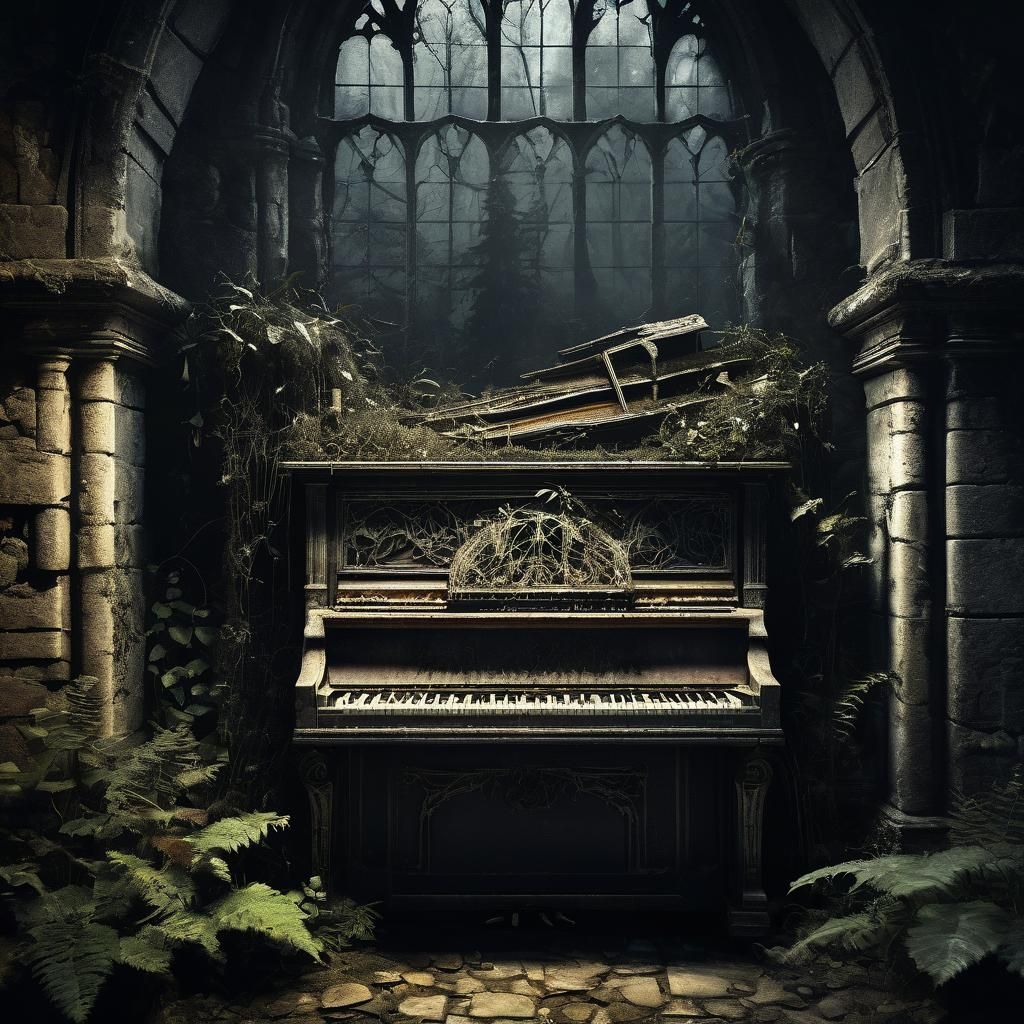 Mystical Bestiary Art: Abandoned Piano in Dark Forest