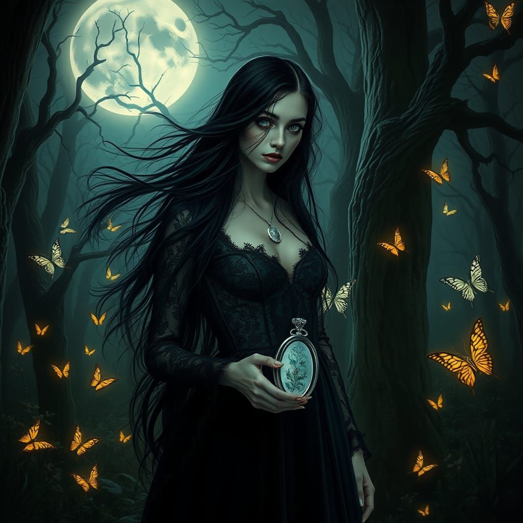 Gothic Goddess in Moonlit Glade, Surrounded by Glowing Butte...