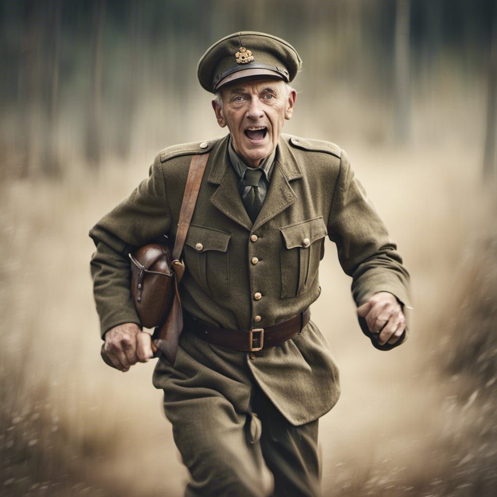 WWII Captain Running for Shelter, 1900s Photograph