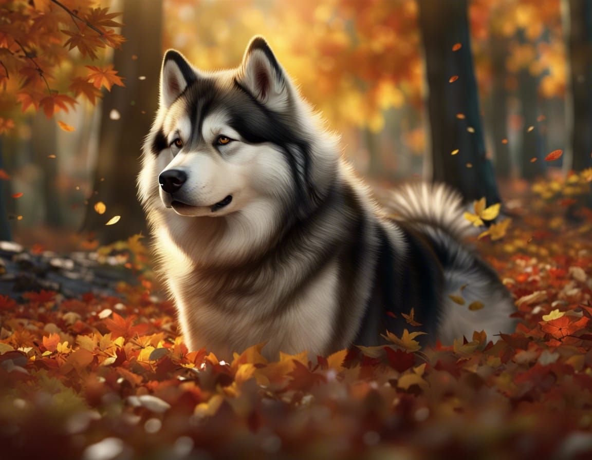 Alaskan Malamute Dog Playing in Autumn Leaves