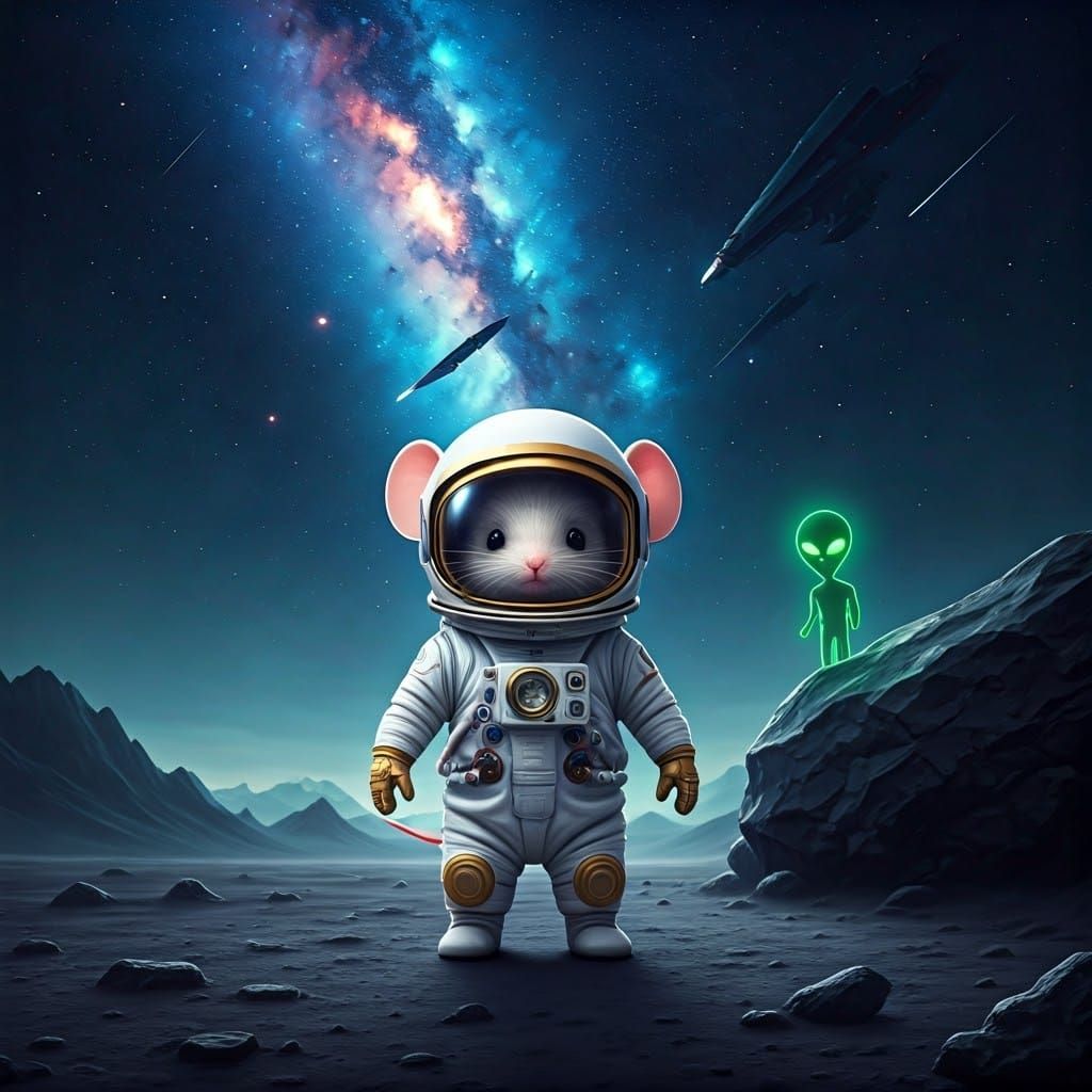 Chibi Mouse Astronaut on Moon with Alien