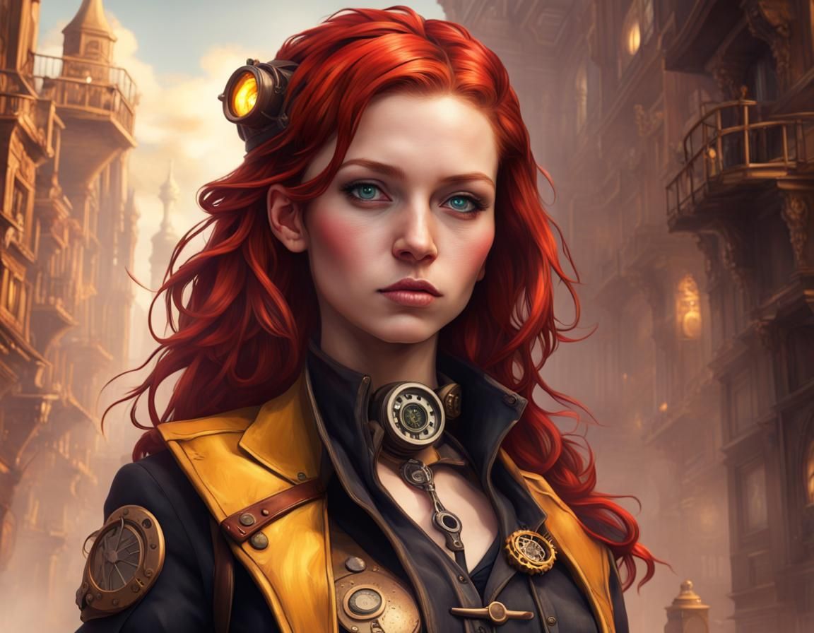 Steampunk Investigator with Red Hair in Photoreal Render