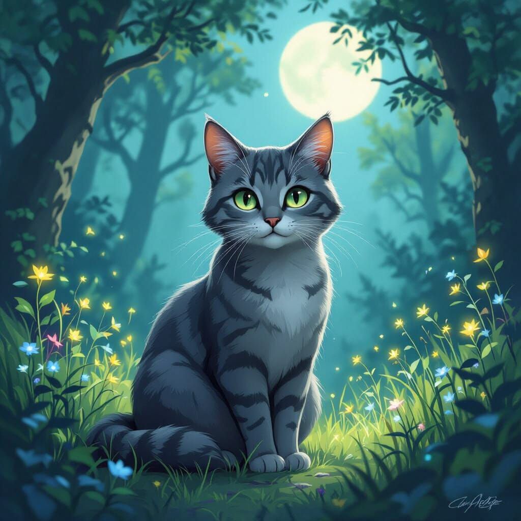Grey Tabby Warrior Cat Cinderpelt in Moonlit Forest