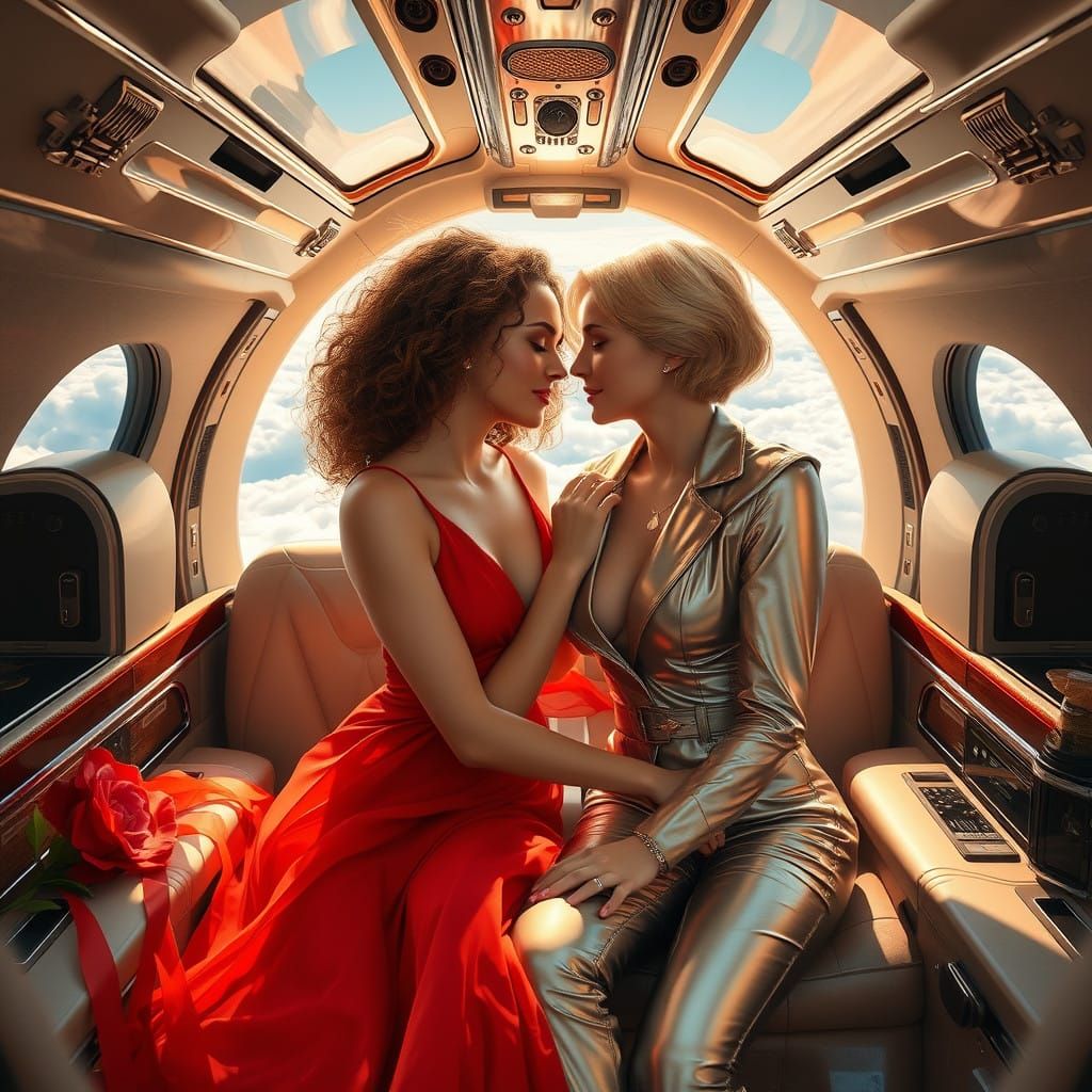 Elegant Women Share a Moment in Luxury Airplane