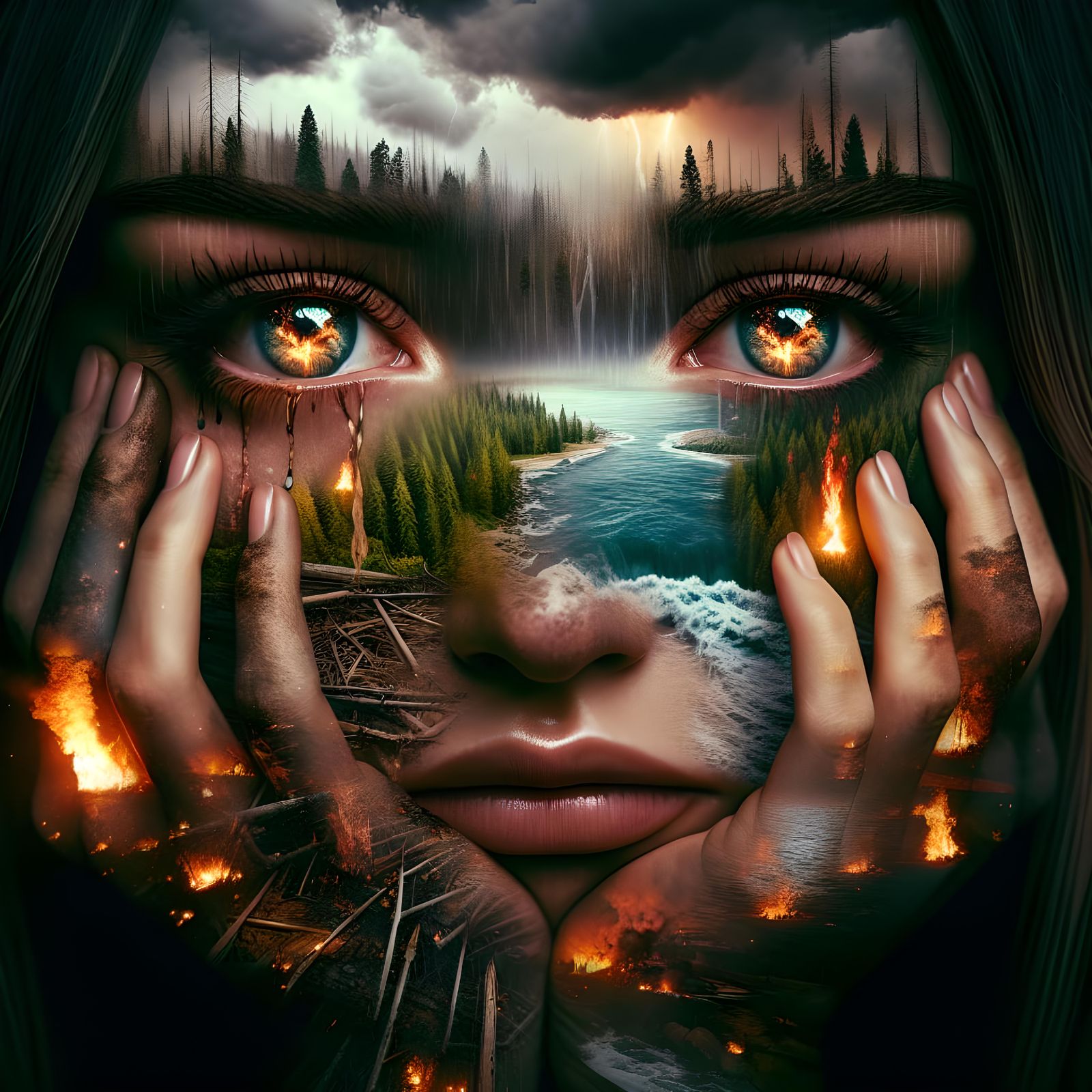 Gaia's Sorrow: Fire and Flood in Hyperrealism