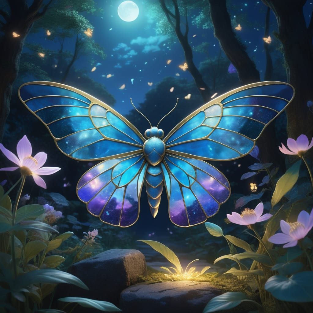 Lumen Moth with Stained Glass Wings in Enchanted Garden
