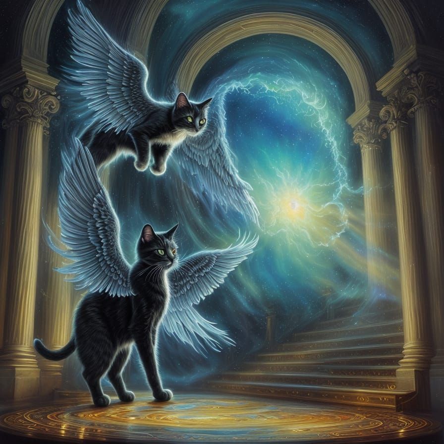 Mittens angel cat going through a portal