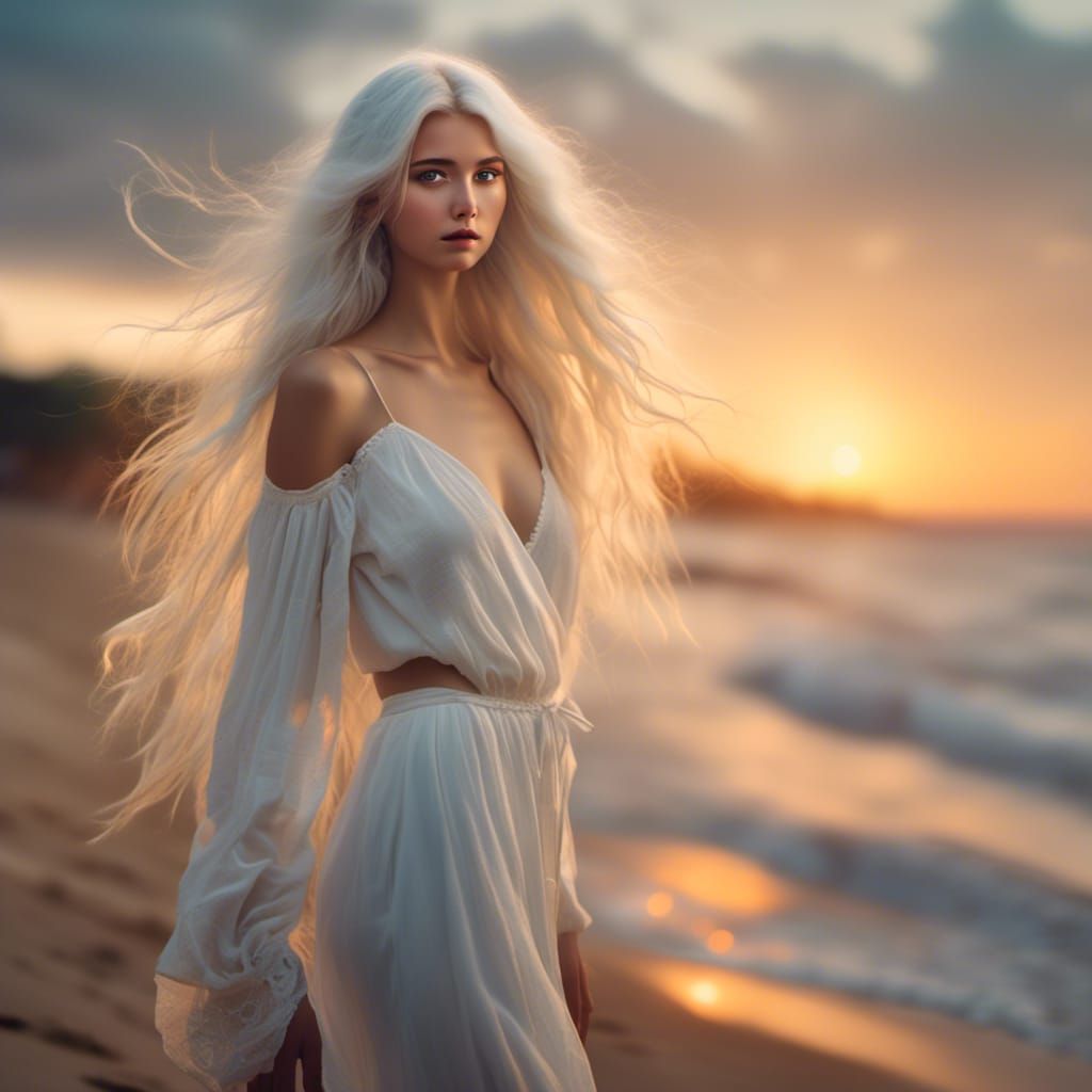 White-Haired Woman at Beach During Sunset