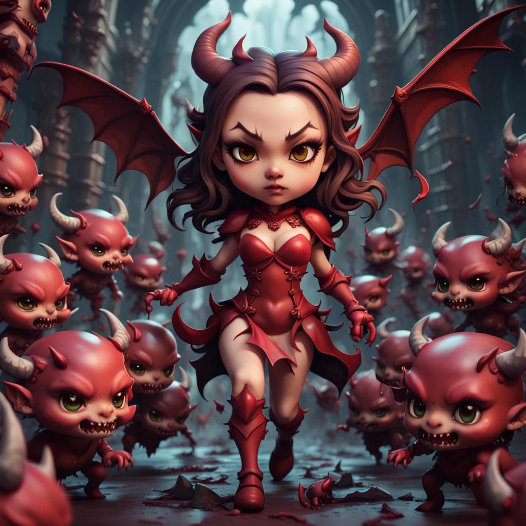 Chibi She-Devil Swarm in Detailed Matte Painting