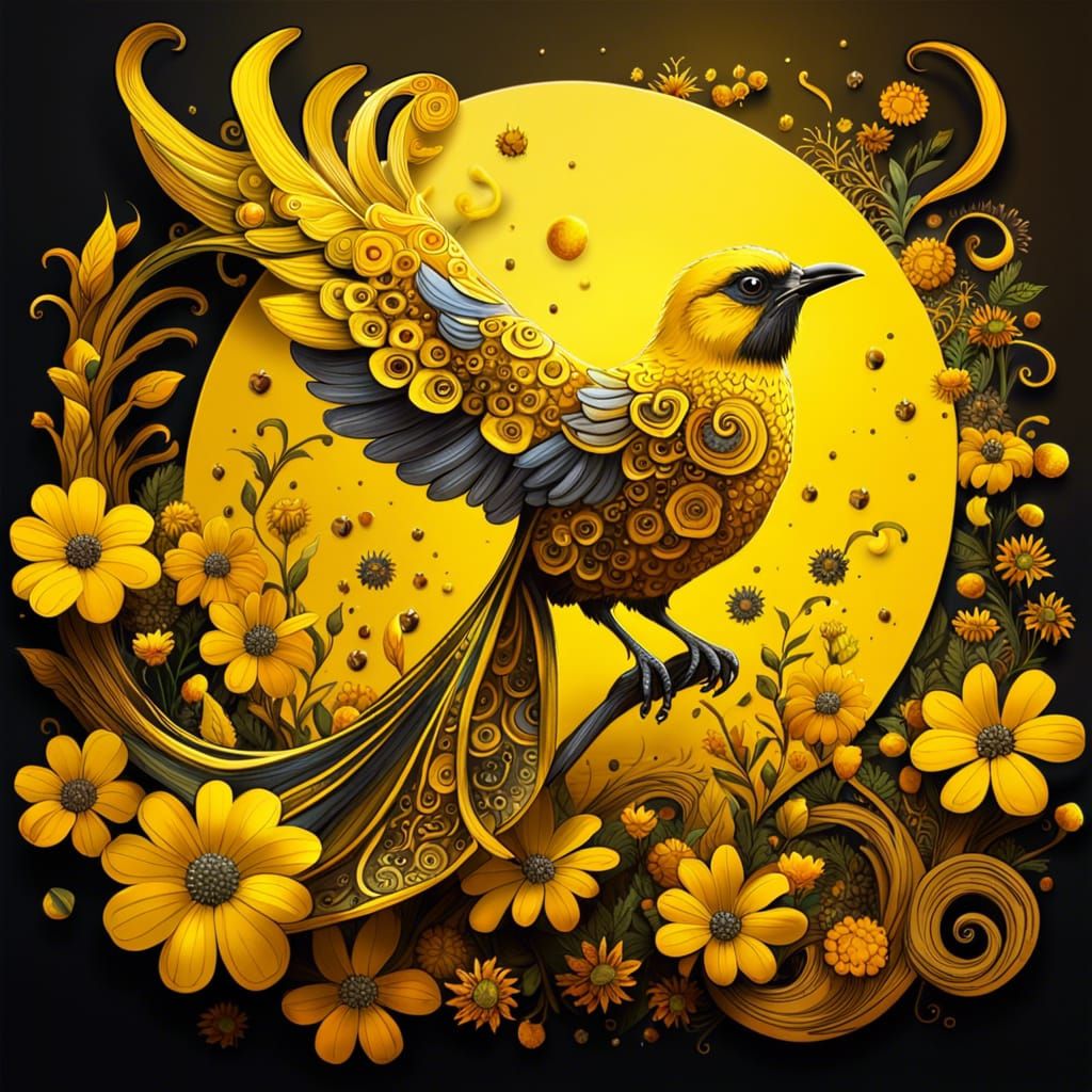 Epic Yellow Bird on Crescent of Flowers