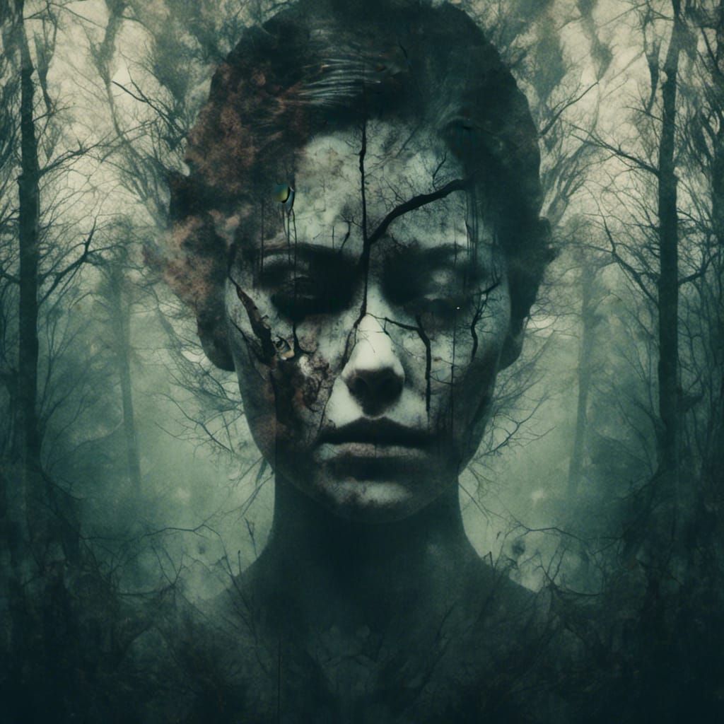 Mystical Double Exposure: Warrior in Moonlight Forest