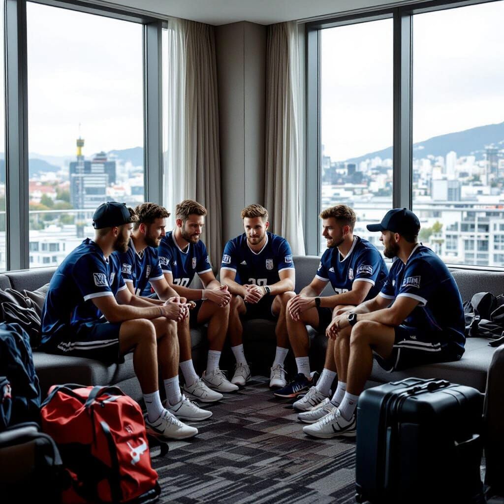 Sports Team Gathers in Modern Hotel Room