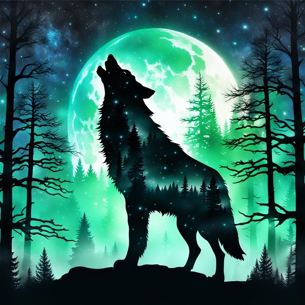 Wolf Silhouette with Cosmic and Forest Double Exposure