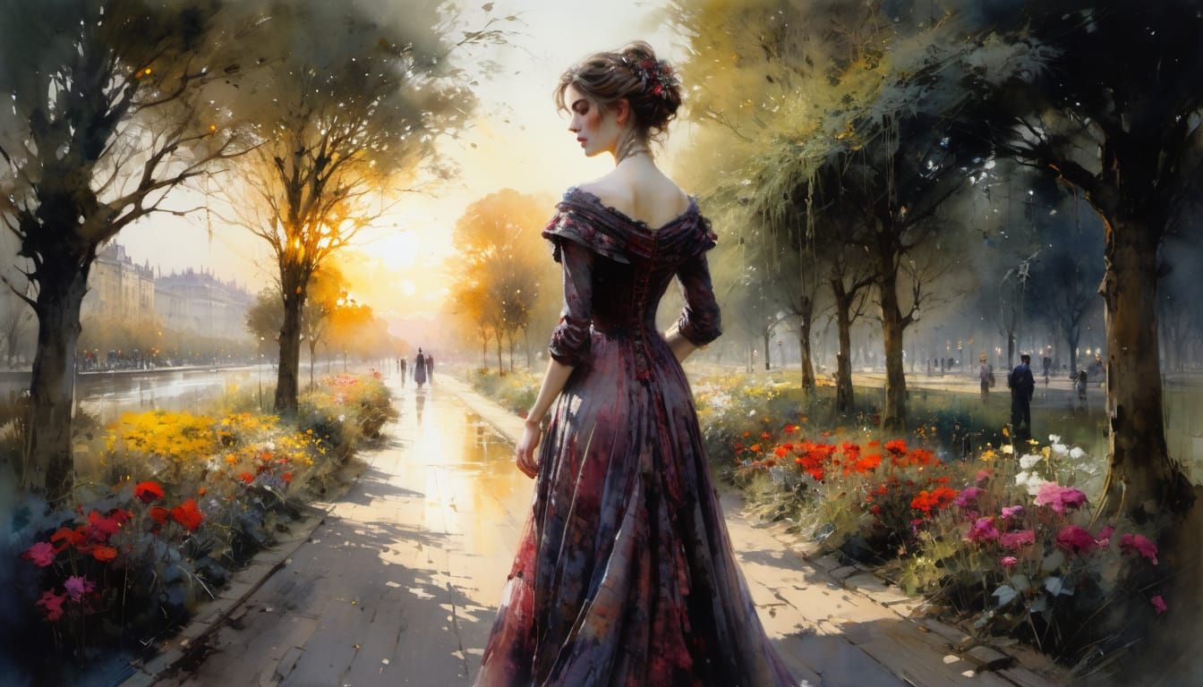 Victorian Woman in Park: Detailed Watercolor Painting