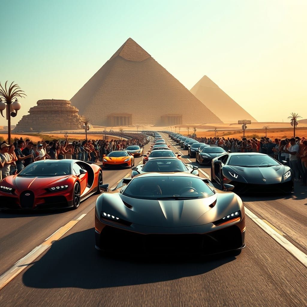 Sleek Super Cars Parade Towards Ancient Pyramids in a Vibran...