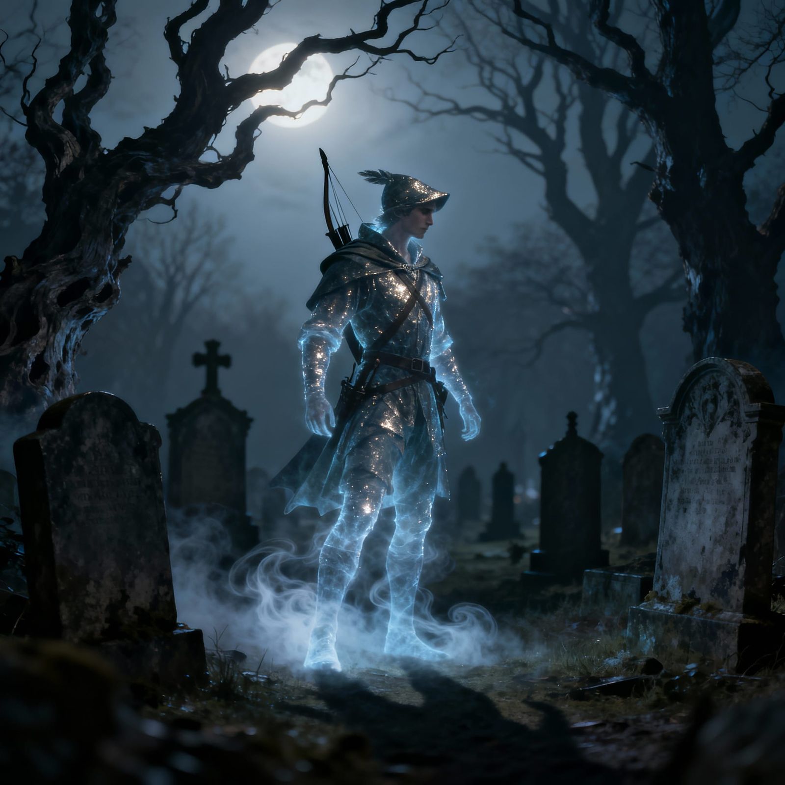 Spectral Robin Hood Haunting Victorian Graveyard