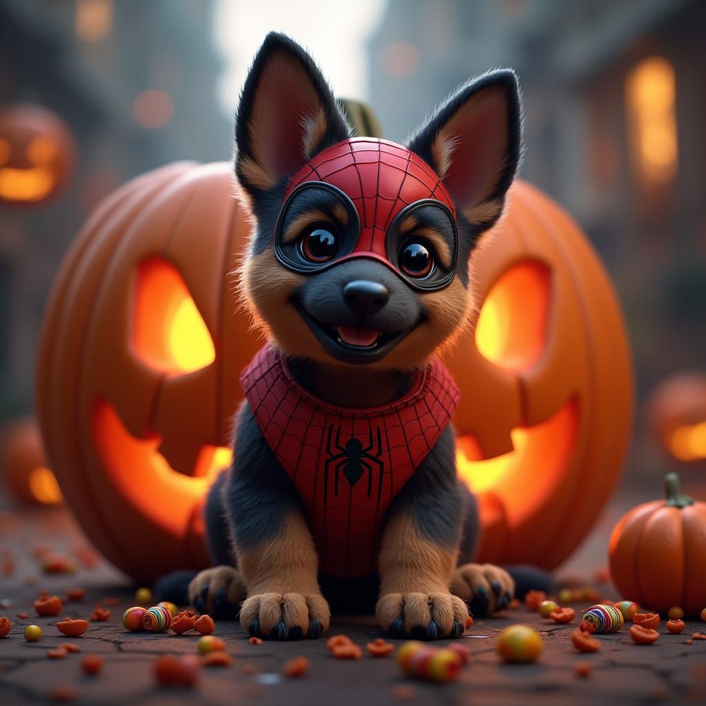 Cute Puppy Dressed As Spiderman With Halloween Scene