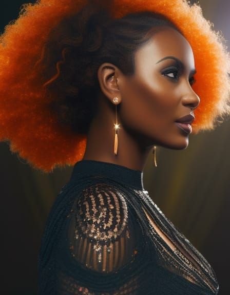 Beautiful Black Woman in a black dress orange hair