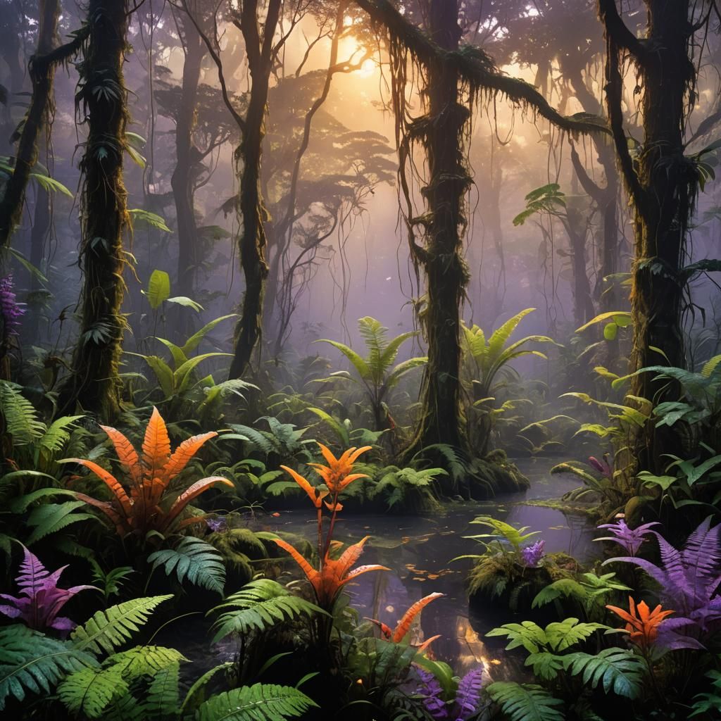 Carboniferous Jungle Sunset in Hyperrealistic Style