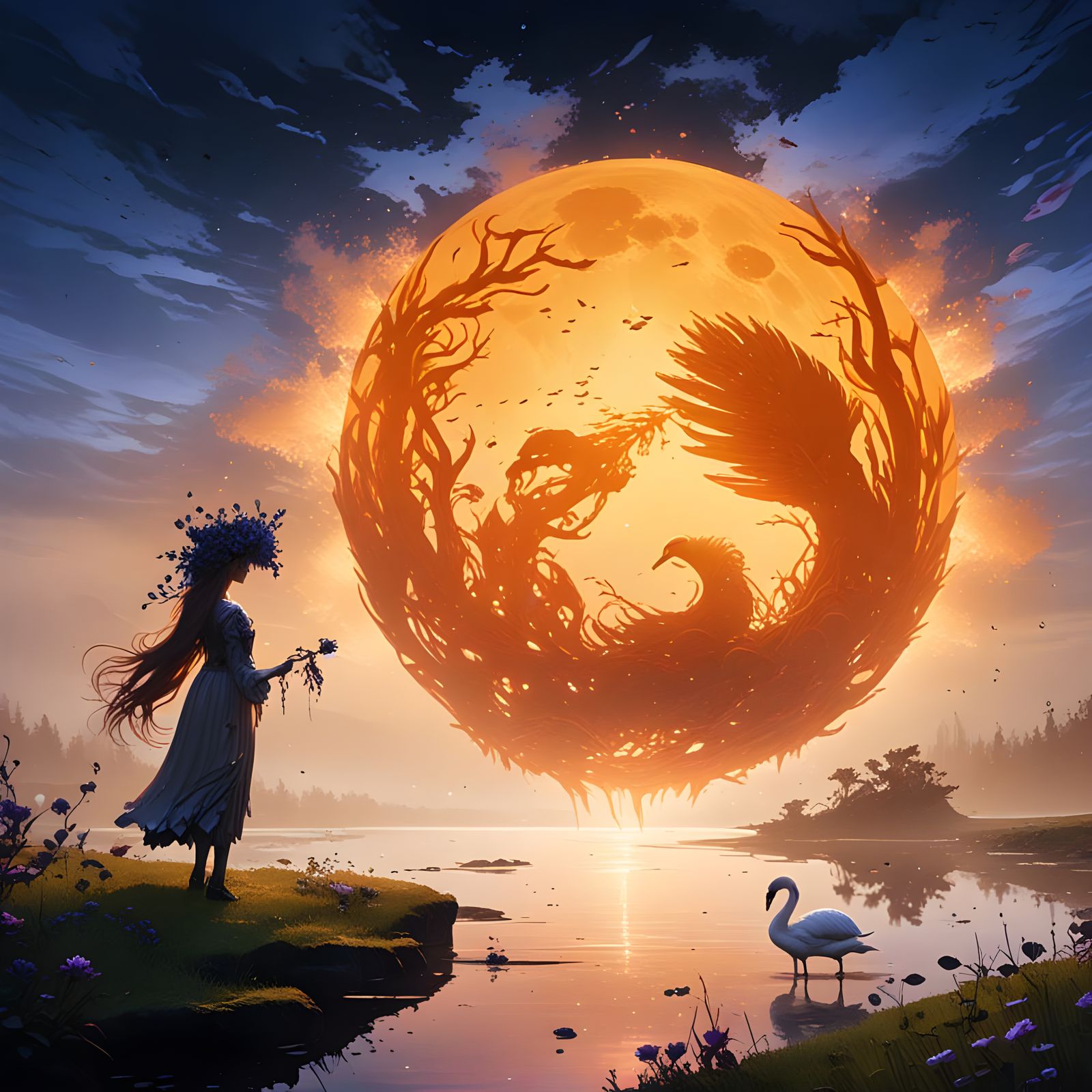 Obsidian Swan Glides on Moonlit Mystical Lake