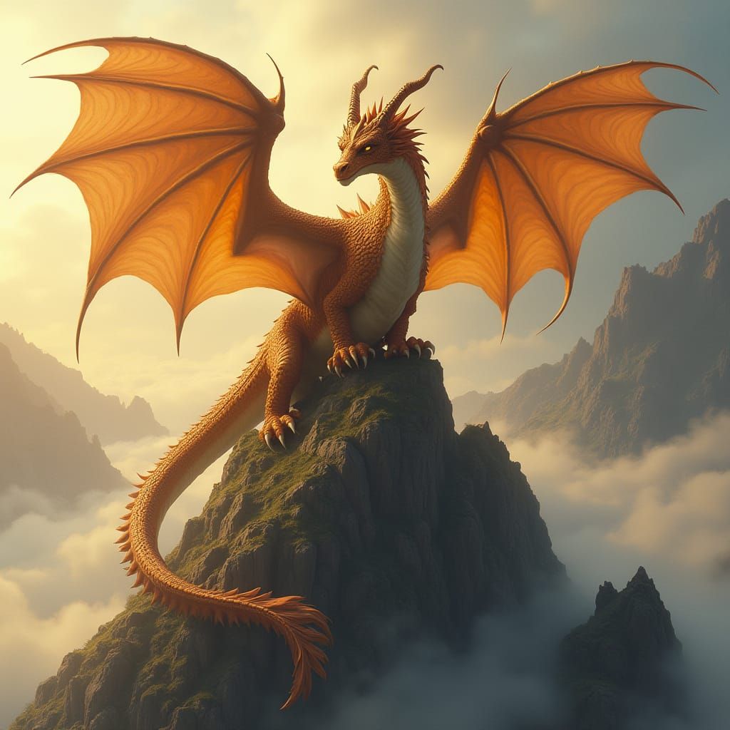 Majestic Dragon on Mountain Peak at Golden Hour