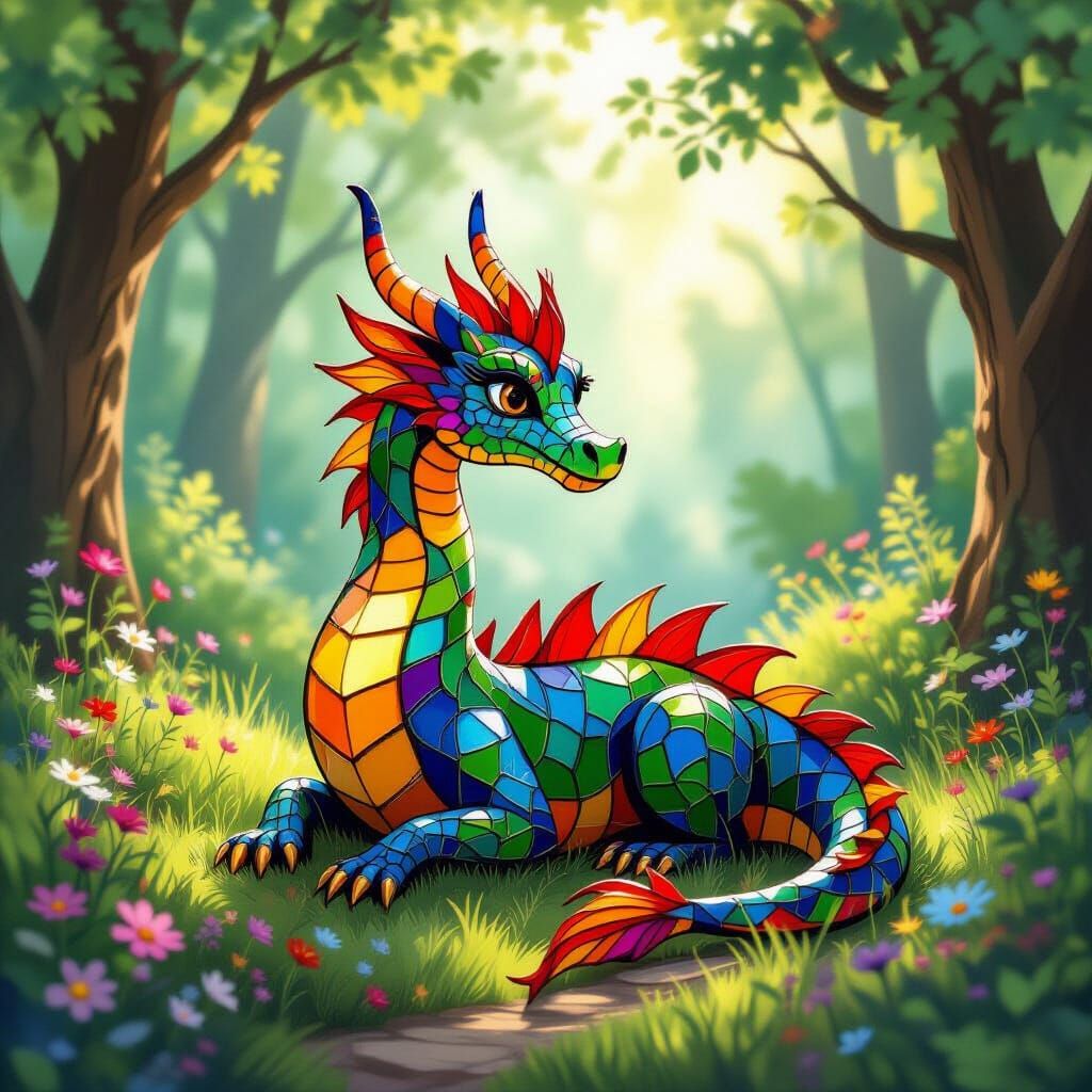 Whimsical Fused Glass Dragon in Enchanted Forest Clearing