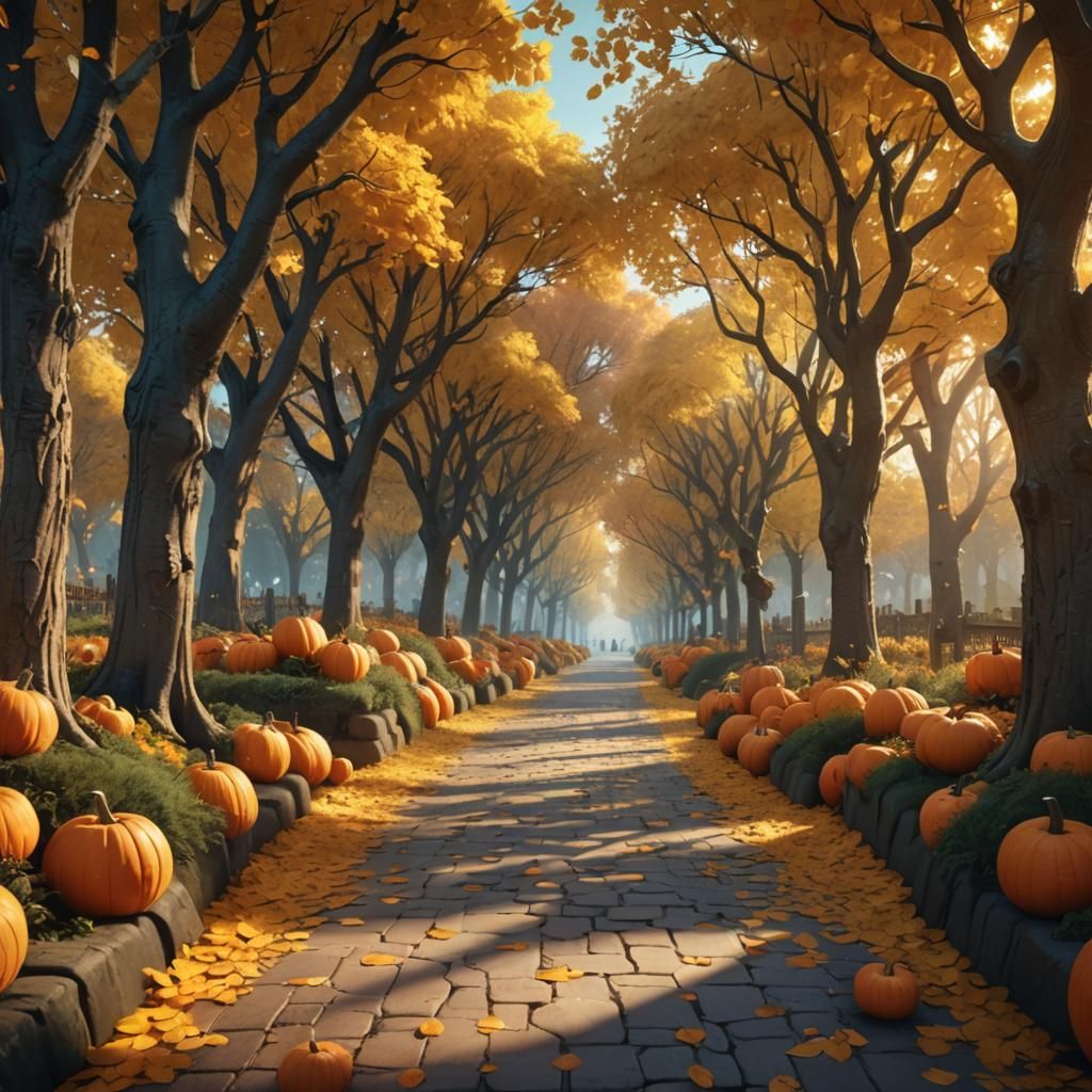 Autumn Pathway with Pumpkins in Fantasy Art Style