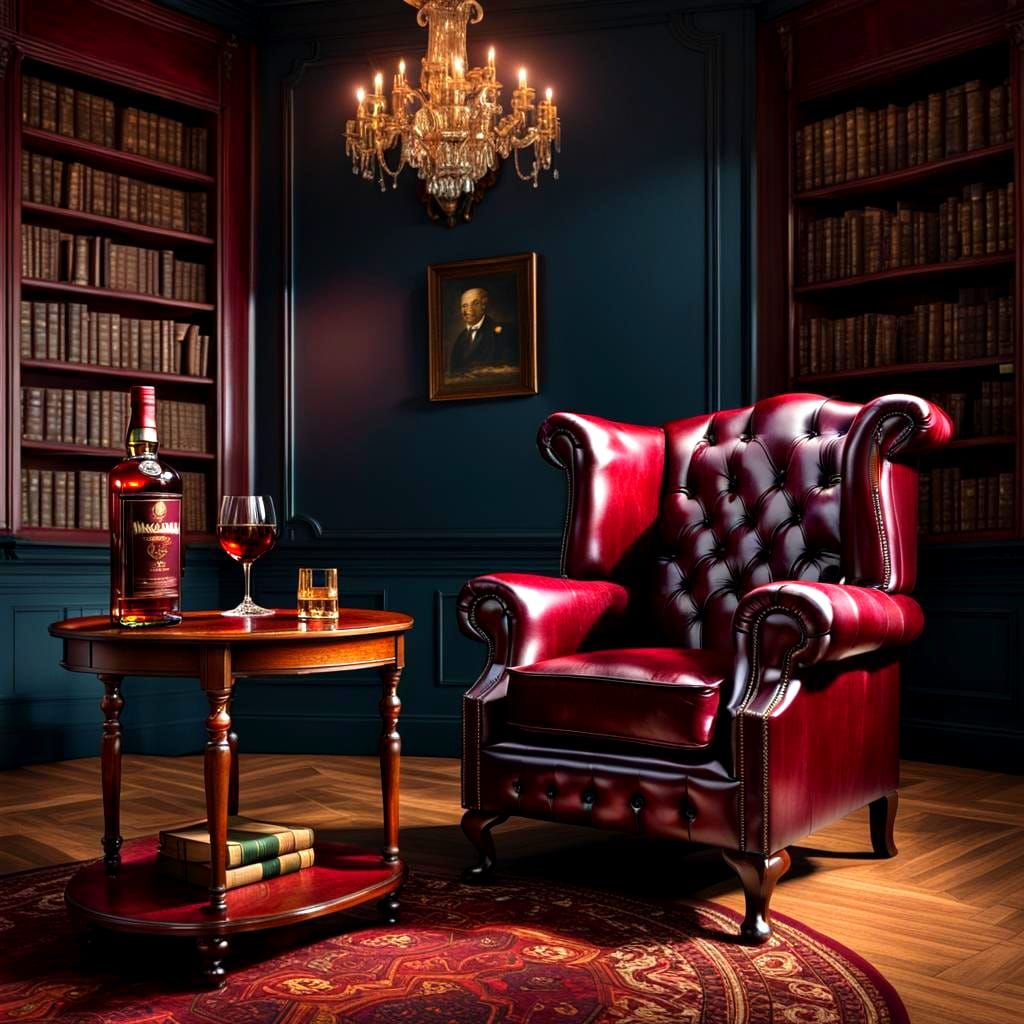 Oxblood Chesterfield Chair in Library, Splash Art