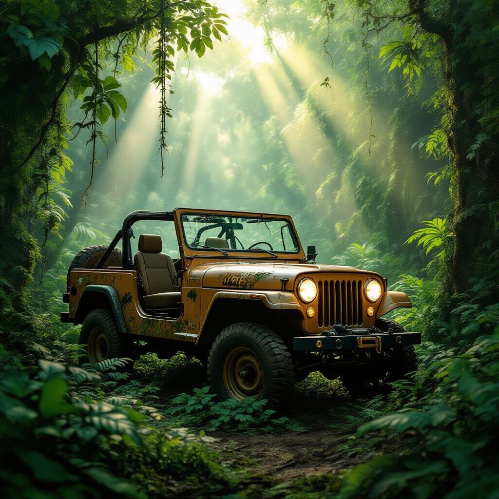 Abandoned Vintage Jeep in Lush Jungle