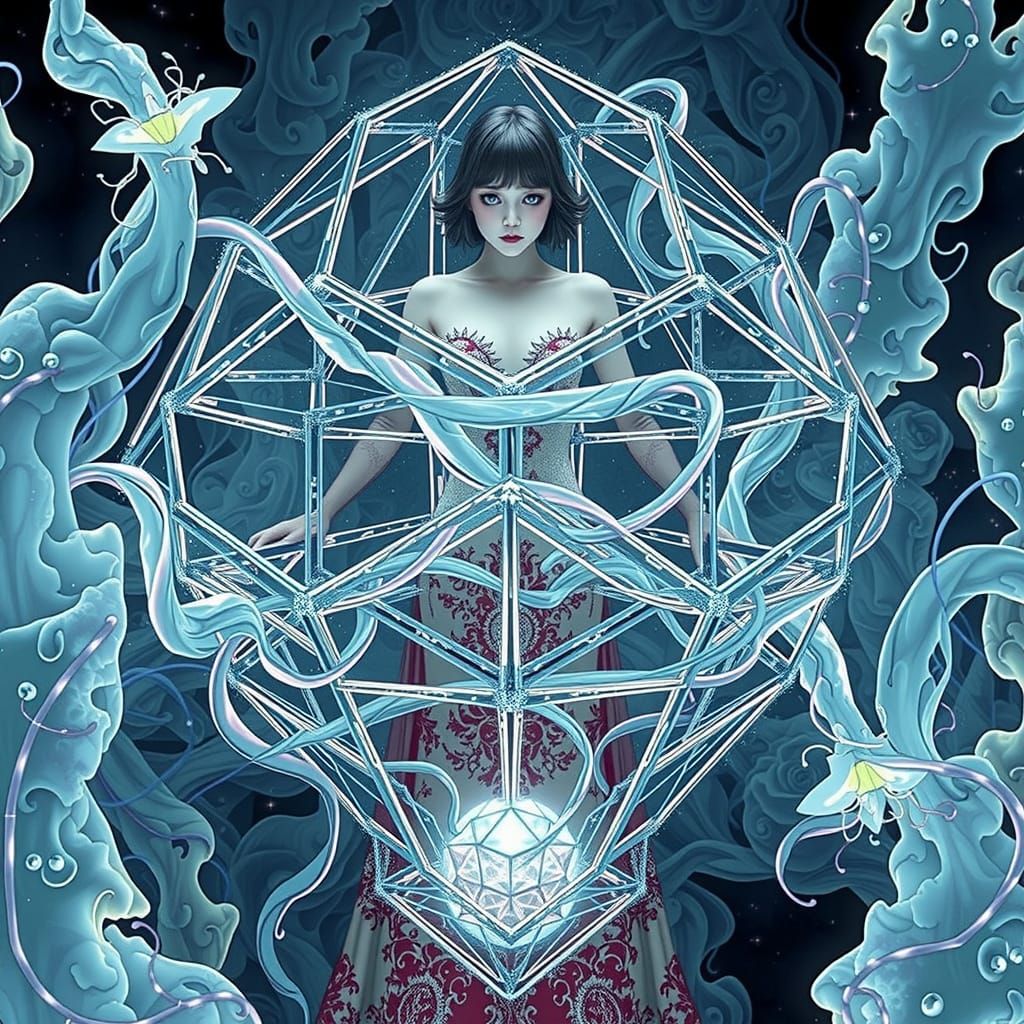 a ferrofluid  goth girl wearing a red sequin dress   trapped in a 4D tesseract suspended in a living landscape of liquid...