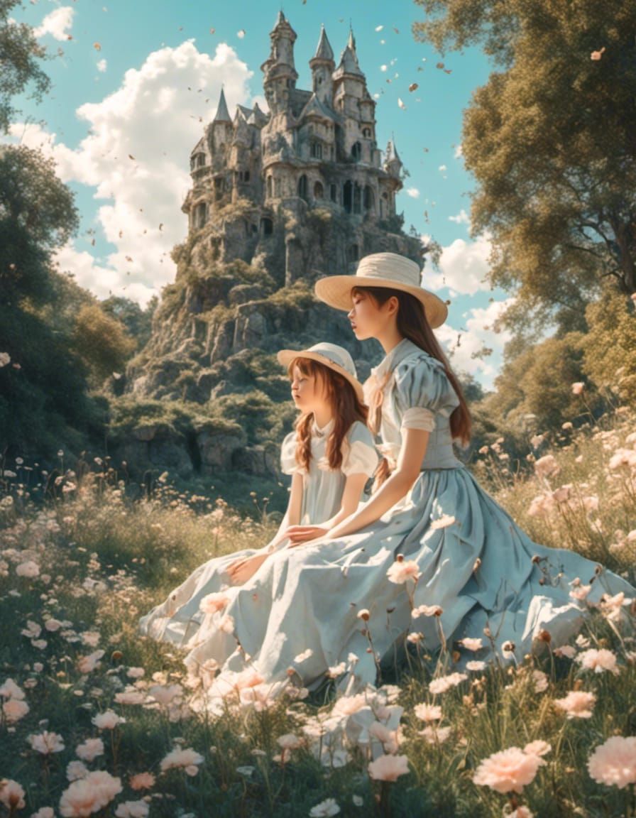 Anime Girl and Witch Companion Near Ancient Ruins