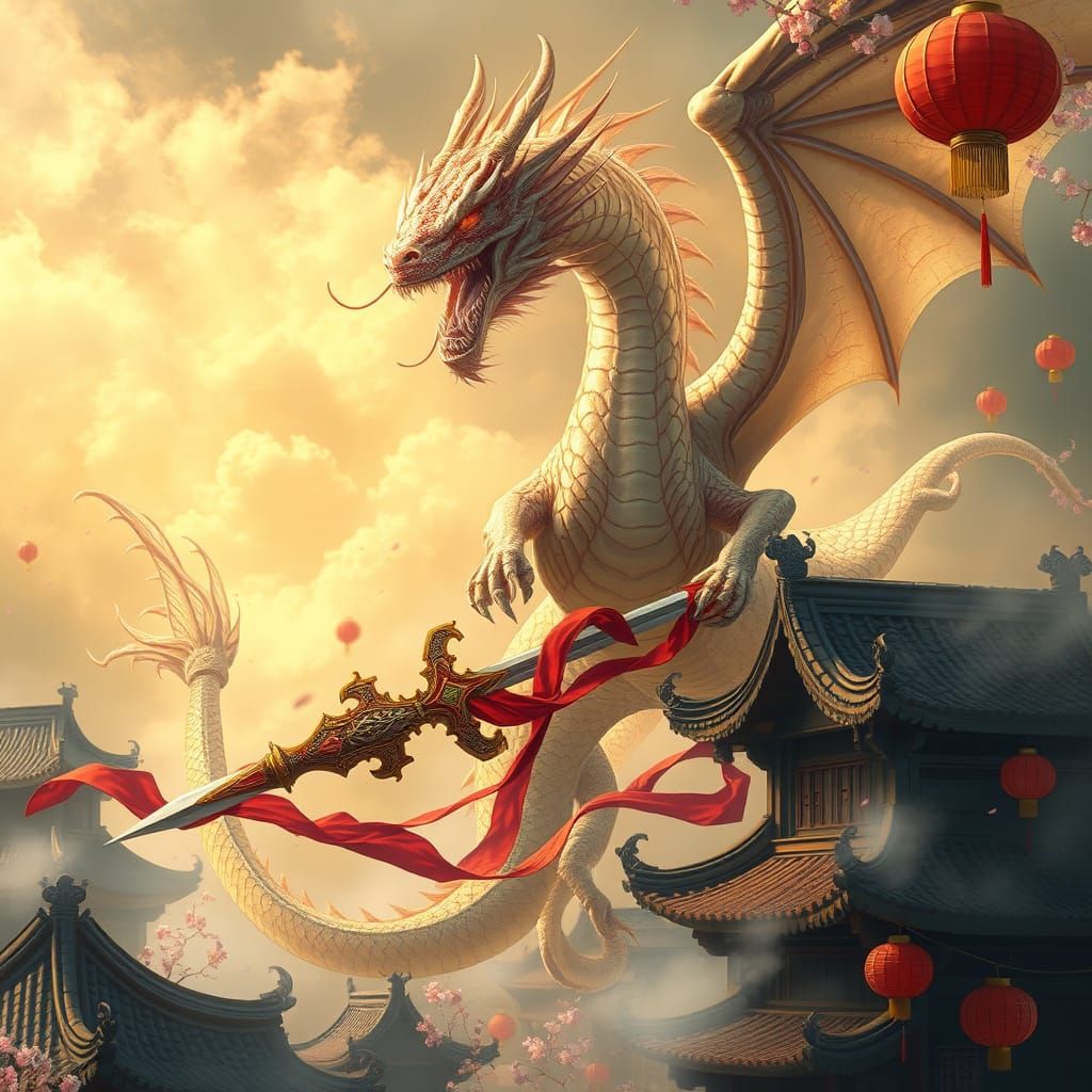 Translucent Dragon Soaring Through Golden Mist