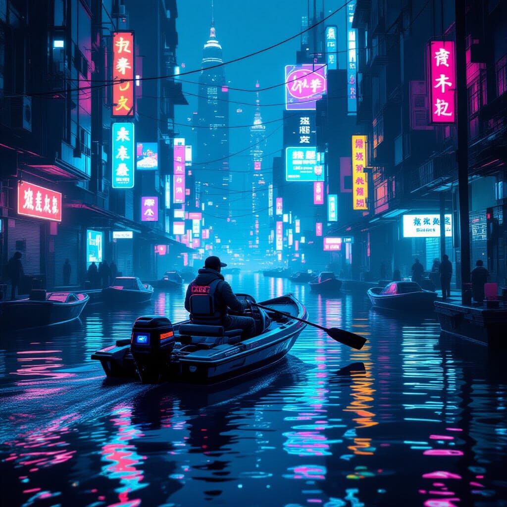 Cyberpunk Fisherman Navigates Neon Canals for Data Chips