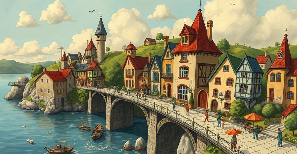 Whimsical Villages Linked by a Majestic Bridge in a Vibrant ...