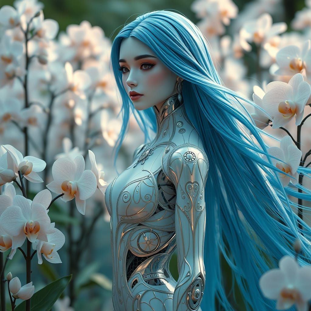 Ethereal Android in Art Nouveau Garden