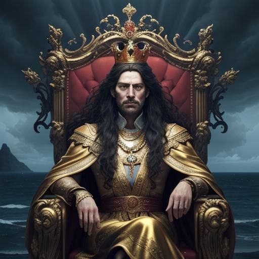 Majestic King Overlooking Stormy Ocean: Oil Painting