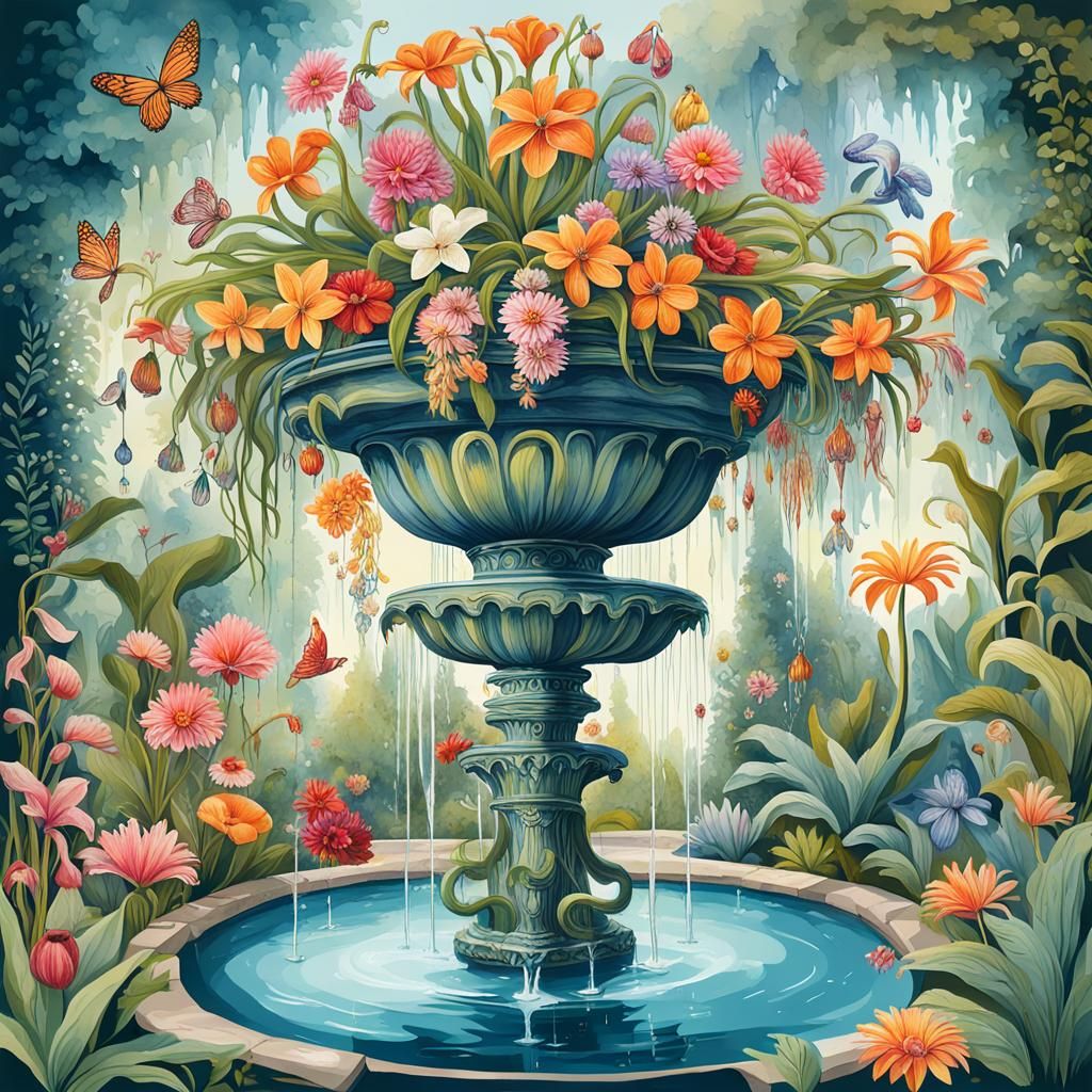 Upside-Down Botanical Garden with Exotic Flowers and Fairy