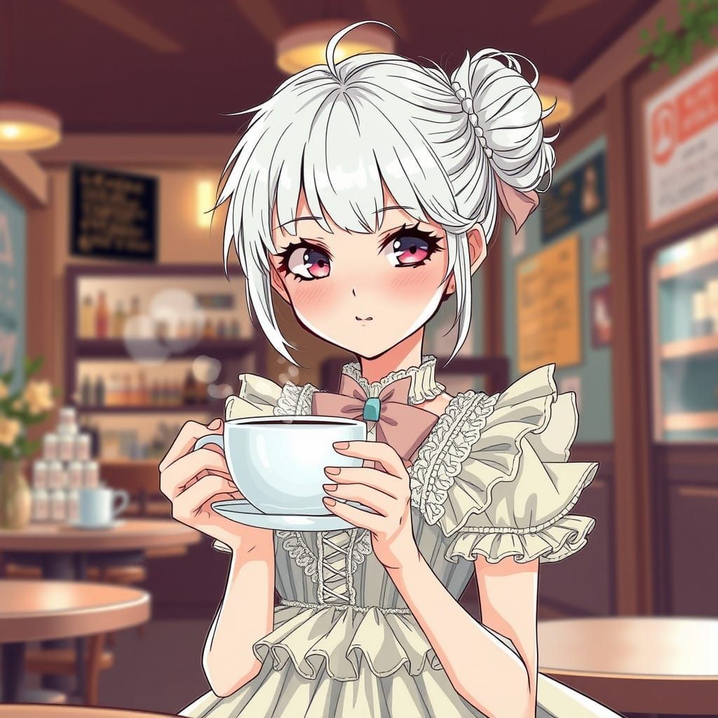 Sarcastic Anime Girl in a Vibrant Café Scene