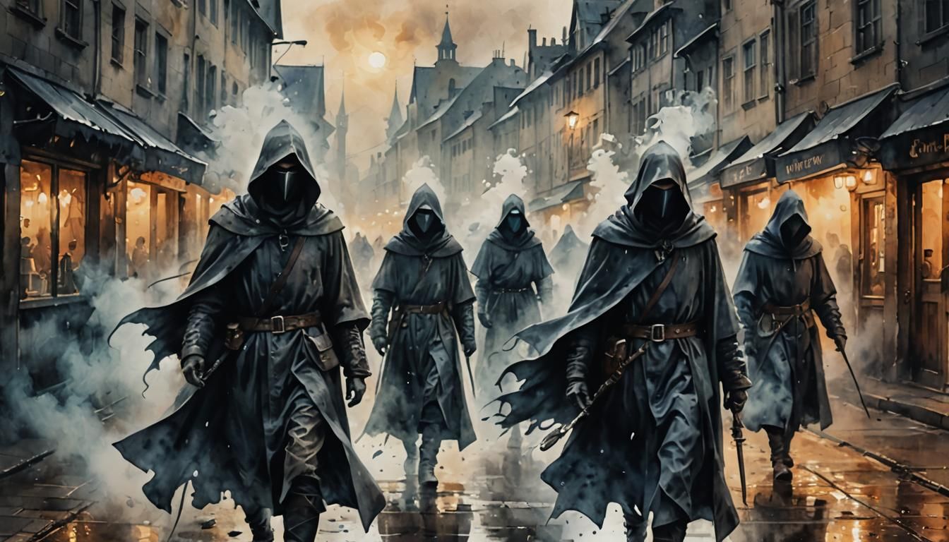 Enigmatic Plague Doctors in Foggy Medieval Streets