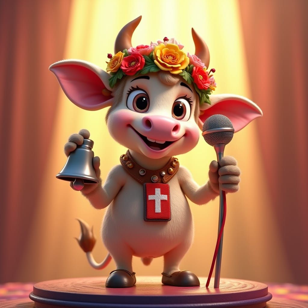 Cheerful Swiss Cow Stand-Up Comedian in Vibrant Stage Settin...