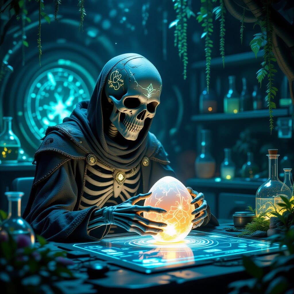 ancient, skeletal figure attemptin' to hatch a mysterious eg...