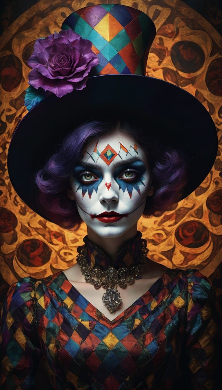 Vibrant Harlequin Enchantress in a Kaleidoscope of Colors