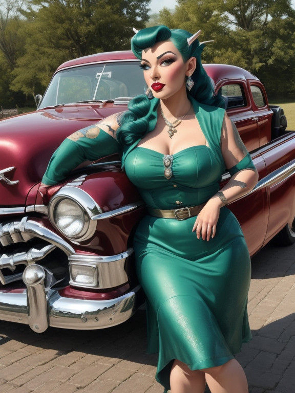Rockabilly Elf Pin-Up Leans on Classic Chevy Truck