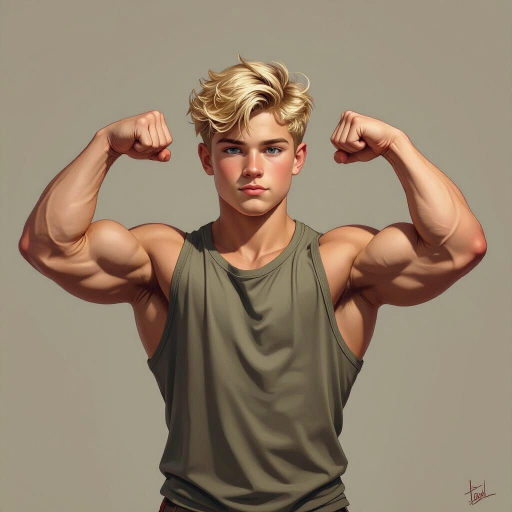 Muscular Teen Flexing Biceps in Hyper-Realism Style