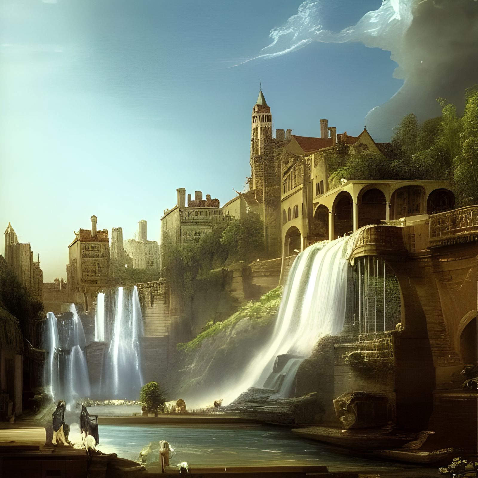 Hyperrealistic Waterfalls at Old City Pools as Oil Painting