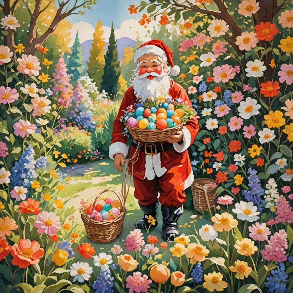 Santa Claus in Spring Garden: Whimsical Gouache Painting
