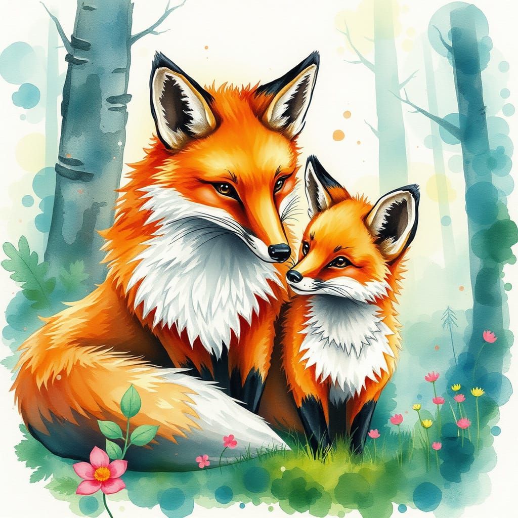 Enchanted Fox Family: Colorful Watercolor Splash Art