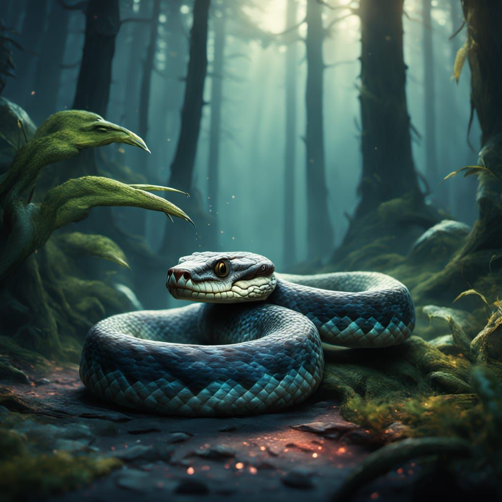 Mystical Rattlesnake Emerges from Dark Forest Fog