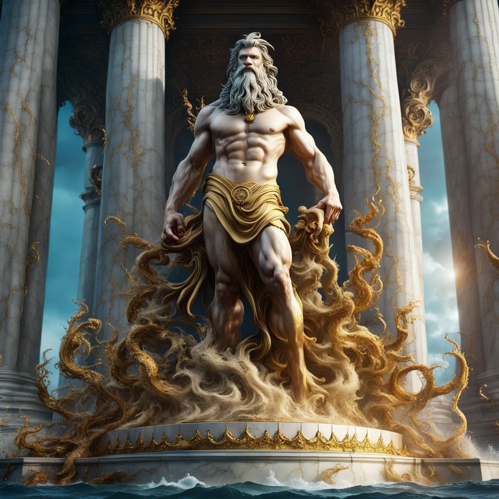 Poseidon Sculpture in Gold and Marble