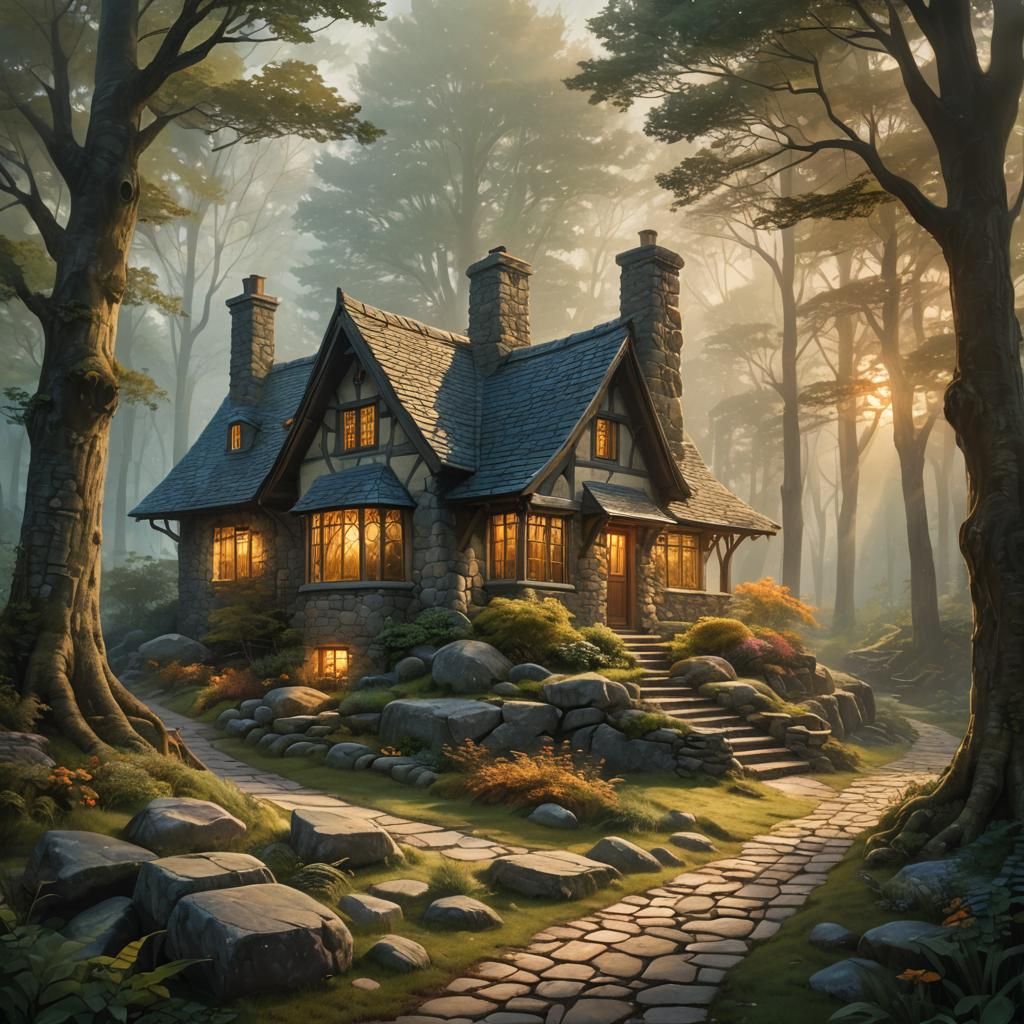 Enchanting Stone Cottage in Misty Forest Concept Art